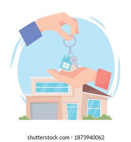 Handing Over The Key From A New Home, Modern House Background Vector Illustration