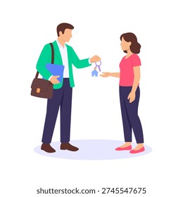 Handing Over Keys, Delivering property keys to new owner, Flat vector character illustration