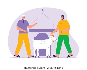 Handing over the sacrificial goat to the takmir of the mosque on the Eid al-Adha holiday, vector illustration.