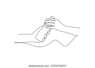 Handing Over a Water Bottle to Another Person. Friends Giving concept. Single line draw design. Vector graphic illustration