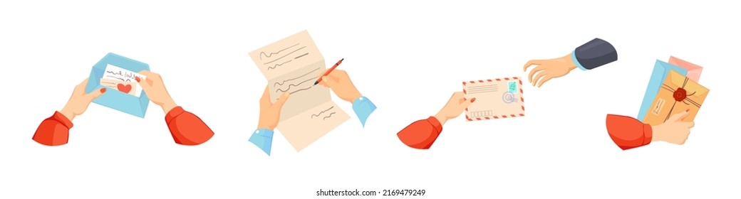 Handing Postal Letters. Hands Writing Future Letter, Handwritten Paper Message, Hand Holding Postcard Sending Mail Envelope, Cartoon Vector Illustration. Letter And Message, Postcard Concept
