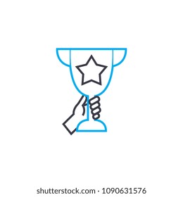 Handing in of prize vector thin line stroke icon. Handing in of prize outline illustration, linear sign, symbol concept.