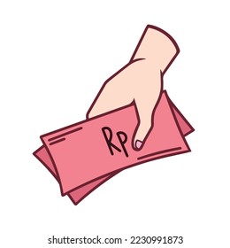 Handing Rupiahs Money Currency vector illustration drawing with simple flat cartoon art style. Colored icon with hand and paper money art decor pictogram, isolated on white background