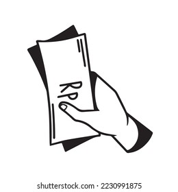 Handing Rupiahs Money Currency vector illustration drawing with simple flat cartoon art style. Black and white icon silhouette. Hand and paper money art decor pictogram, isolated on white background