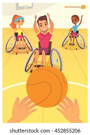 Handisport. Boys and girls in wheelchairs playing baysball in a school gym. Handicap First-person view. Caring for the disabled people children. Medical rehabilitation concept.