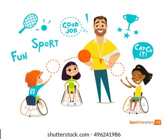 Handisport. Handicapped Kids. Boys And Girls In Wheelchairs Playing Baseball. Coaching Handicapped Young Sportsmen's. Medical Rehabilitation. Vector Illustration.