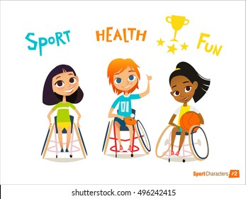 Handisport. Handicapped Kids Character. Coaching handicapped young sportsmen's. Medical rehabilitation. Vector Illustration.