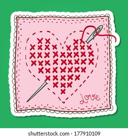 Handkerchief with heart embroidery. Vector card concept. Romantic tender design