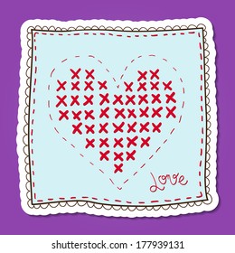 Handkerchief with heart embroidery. Vector card concept. Romantic tender design