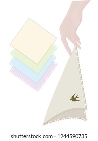 Handkerchief with lace trim in female hand - isolated on white background - vector. Textiles. Linen napkins.