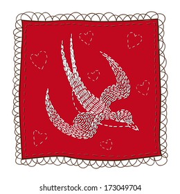 Handkerchief with swallow embroidery. Sketch vector element for romantic design