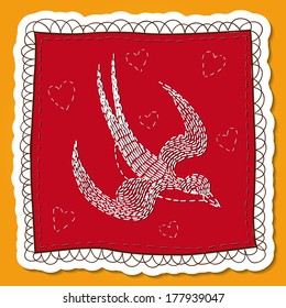 Handkerchief with swallow embroidery. Vector card concept. Romantic tender design