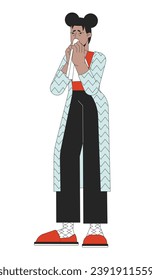 Handkerchief woman sneezing line cartoon flat illustration. African american girl blowing nose 2D lineart character isolated on white background. Rhinitis suffering symptom scene vector color image