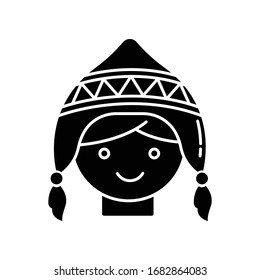 Handknit hat black glyph icon. Cute peruvian girl in chullo. Traditional woolen headwear Andean culture. National costume part. Silhouette symbol on white space. Vector isolated illustration