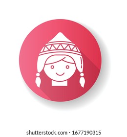 Handknit hat pink flat design long shadow glyph icon. Cute peruvian girl. Traditional woolen headwear with ear flaps. Symbol of andean culture. National costume part. Silhouette RGB color illustration