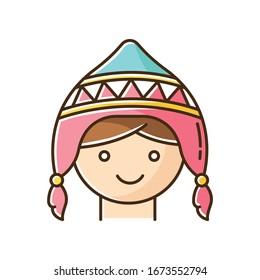 Handknit hat RGB color icon. Cute peruvian girl in chullo. Traditional woolen headwear with ear flaps. Symbol of andean culture. National costume part. Isolated vector illustration