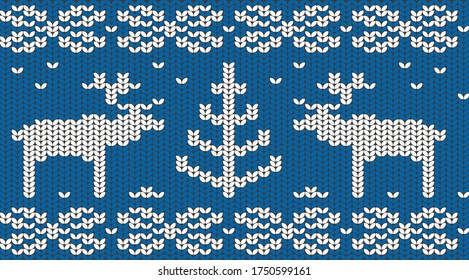 Hand-knitted seamless pattern. Blue winter sweater design with deers, Christmas tree, and snowflakes. Editable ornament.