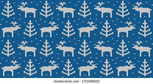 Hand-knitted seamless pattern. Blue winter sweater with deers, Christmas trees, and snowflakes. Editable ornament.