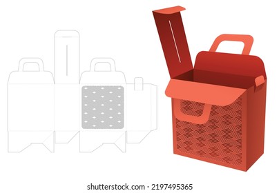 handle bag box with stenciled pattern die cut template and 3D mockup