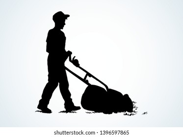 Handle big grasscutter scythe device on white sky space for text. Dark ink hand drawn manual labor plant turf shear home chore machinery logo pictogram sign icon in modern clip art contour print style