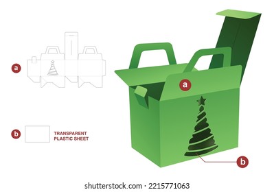 handle box with Christmas tree window die cut template and 3D mockup