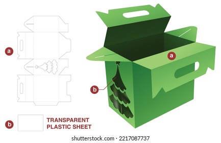 Handle box with Christmas tree window die cut template and 3D mockup
