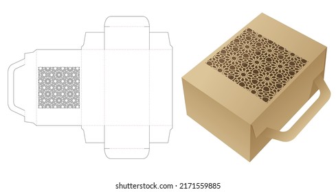 Handle box with stenciled Arabic pattern die cut template and 3D mockup