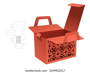handle box with stenciled pattern die cut template and 3D mockup