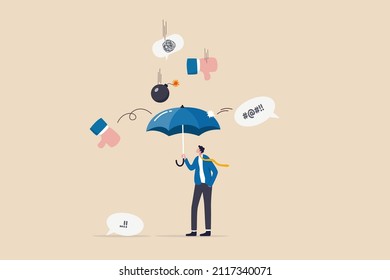 Handle business criticism, scold or negative feedback, manage boss blame, pressure, failure or mistake ashamed concept, confidence businessman hold strong umbrella protect from negative feedback.
