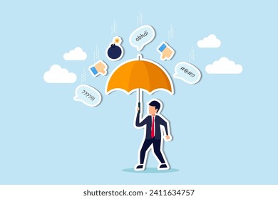 Handle business criticism, scold or negative feedback, manage boss blame, pressure, failure or mistake ashamed concept, confidence businessman hold strong umbrella protect from negative feedback.