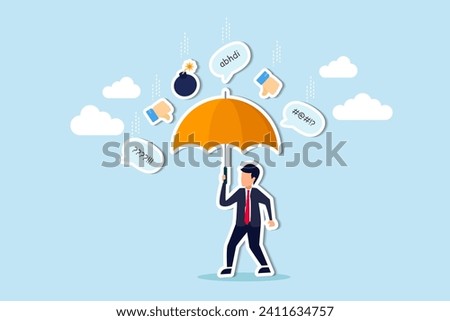 Handle business criticism, scold or negative feedback, manage boss blame, pressure, failure or mistake ashamed concept, confidence businessman hold strong umbrella protect from negative feedback.