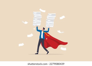 Handle busy work, manage workload or complete multitasks within deadline, organize paperwork or documents, effective or productive concept, businessman superhero carry load of paperwork documents.