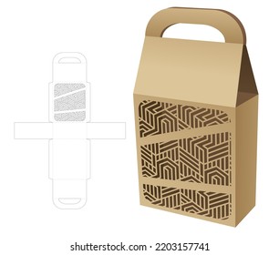 Handle cardboard bag box with stenciled pattern die cut template and 3D mockup