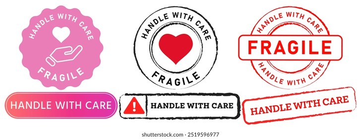 Handle with care be careful fragile caution stamp colorful badges sticker label sign packaging design set collection illustration