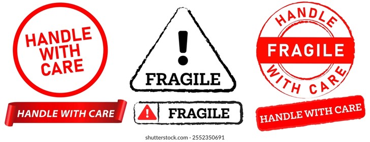 Handle with care caution fragile shipment protection caring be careful handling breakable cargo packaging package stamp red black badges emblem button sticker label ribbon grunge texture design icon