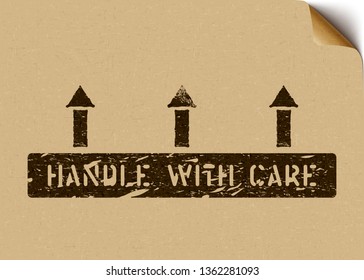 Handle with care grunge pictogram with arrows on craft paper. Means: Fragile, this way up. Vector stamp on a craft paper