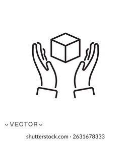 Manija con el icono del cuidado, concepto de la caja en la mano, símbolo delgado de la línea aislado en el fondo blanco, Ilustración vectorial editable del EPS 10 del movimiento