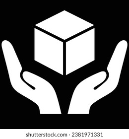 Handle with care icon with box in hands, no frame, white color, flat style fragile package symbol for logistics and delivery shipping labels, cargo packing warning vector signs isolated on dark.