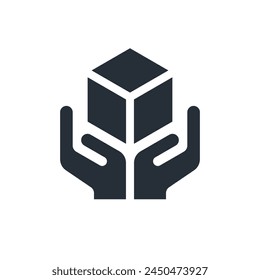 Handle with care icon. Box in hands warning sign. Packaging symbol. Vector icon. 