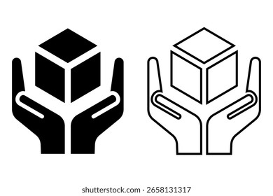 Manija con cuidado Icon Ilustración vectorial – Frágil paquete símbolo de advertencia con las manos que sostienen la caja en sólido y estilo de contorno – aislado en el fondo blanco Archivo EPS