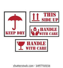 Handle with care icons. Package handling labels. This side up, fragile, keep dry symbol. Vector illustration.