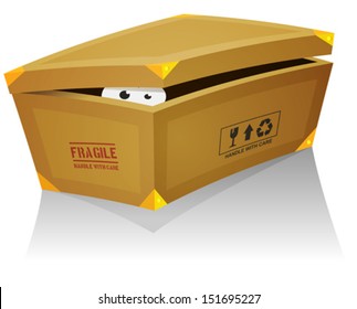 Handle With Care/ Illustration of a funny cartoon creature or animal's character eyes, hiding and looking from inside a shoes box