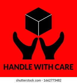 Handle with care letter in bottom on logo. HANDLE WITH CARE contain the icon and red background. There are two palm indicate handle with care logo. 3d box including in this handle with care vector.