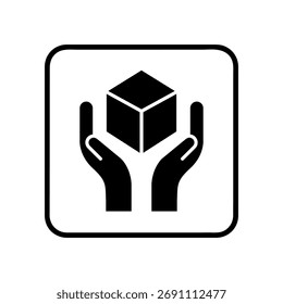 handle with care packaging symbol, two hands surrounding a box, black sign, vector icon