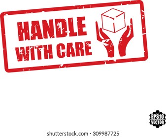 Handle With Care Rubber Stamp On White Background With Handle Sign. Vector Illustration.