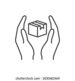 Handle with care sign, box in hands icon vector