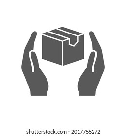 Handle with care sign, box in hands icon vector