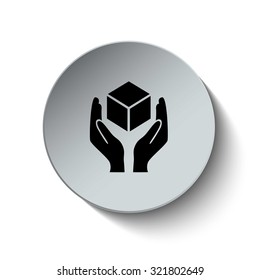 Handle with care sign. Packaging icon. Fragile symbol. Rounded button. Vector Illustration. EPS10