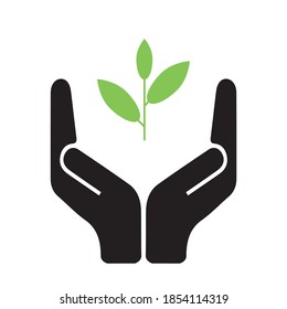 Handle with care symbol holding a new plant, symbol of green, renewable, and eco friendly future, minimalist vector illustration