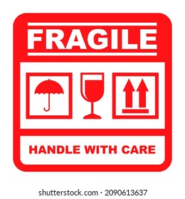 Handle with care vector illustration. Red label pictogram of the fragile symbol sticker with all the relatives symbols  